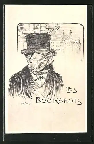 Künstler-AK Leon Pousthomis: Les Bourgeois, alter Mann mit Zylinder vor einem Haus, Arbeiterbewegung