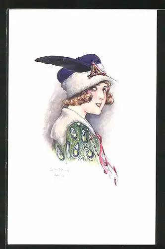 Künstler-AK sign. C. Santini: Portrait einer Dame mit Hut und Feder
