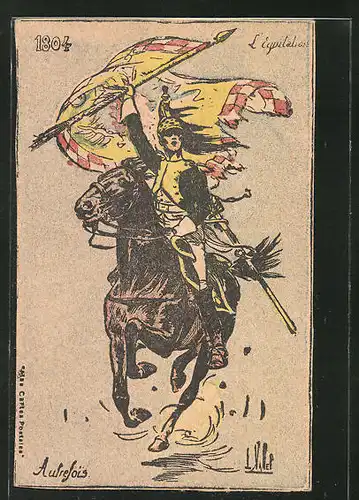 Künstler-AK Louis Vallet: L'Equitations 1804, berittener Soldat auf Pferd mi Fahne