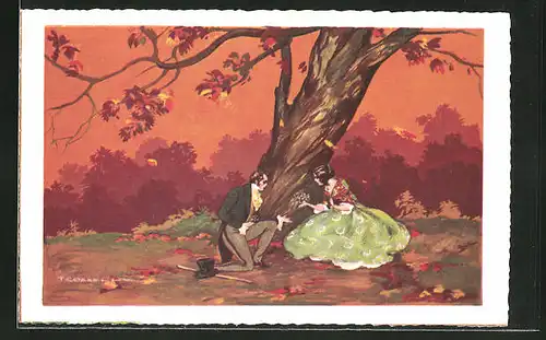 Künstler-AK Tito Corbella: Mann kniet nieder vor Frau unter Baum