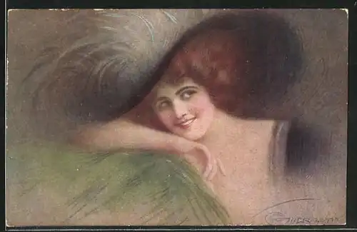 Künstler-AK G. Guerzoni: schöne Frau mit Hut lehnt ihren Kopf auf ihren Arm