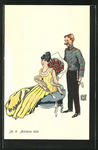 AK schweizer Soldat in Uniform der Artillerie bringt hübschem Mädchen ein Rosenstrauss 1890