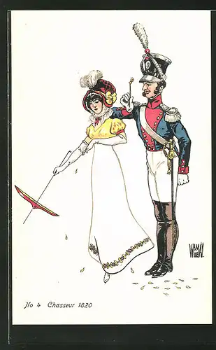 AK schweizer Soldat in Uniform mit Frau Chasseur 1820