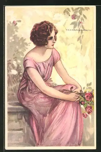 Künstler-AK Tito Corbella: hübsche Frau im rosa Kleid mit Rosen in der Hand auf einer Mauer sitzend