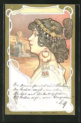 AK Profilbild einer Frau mit elegantem Kopfschmuck und Ohrringen mit ägyptischer Statue im Hintergrund, Jugendstil