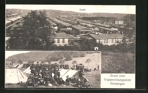 AK Münsingen, Soldaten vor Zelt und Truppenübungsplatz mit Lager