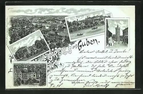 Mondschein-Lithographie Guben, Werderthor Turm, Neusse Berge, Theater, Kreishaus, Ortsansicht
