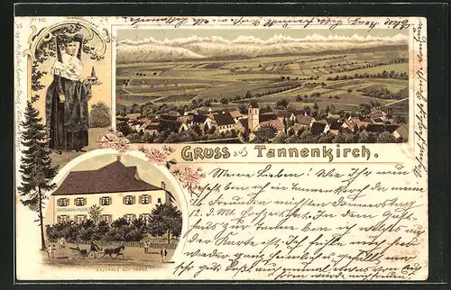 Lithographie Tannenkirch, Gasthaus zur Tanne, Markgräflerin, Ortsansicht mit Gebirgspanorama