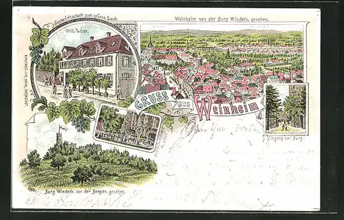 Lithographie Weinheim, Gastwirtschaft zum grünen Laub, Bes. Phil. Leist, Eingang zur Burg