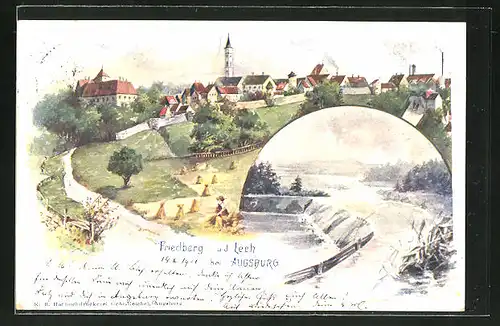 Lithographie Friedberg u. d. Lech, Blick auf die Stadt und Flusspartie