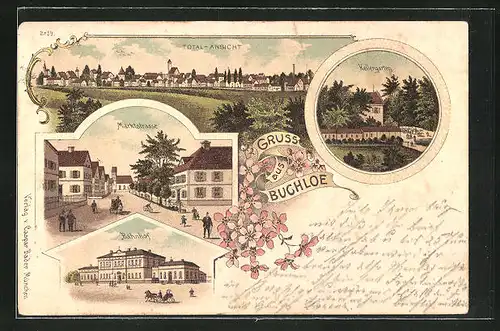 Lithographie Buchloe, Ortspartie des Kellergartens, der Marktgasse und des Bahnhofs