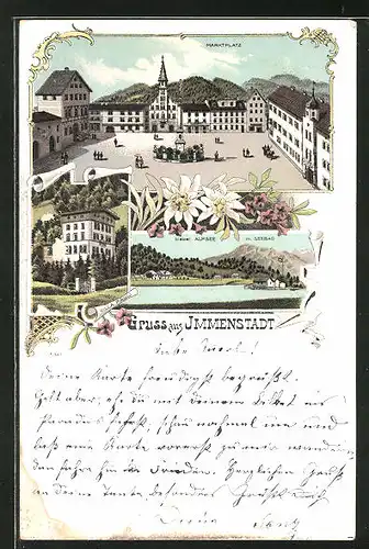 Lithographie Immenstadt, Villa Pauli, kleiner Alpsee mit Seebad, Marktplatz aus der Vogelschau