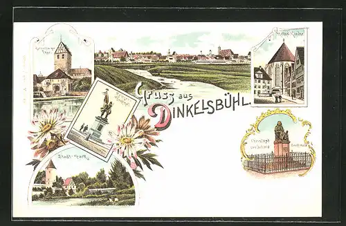 Lithographie Dinkelsbühl, Kathol. Kirche, Rothenburger Thor, Kriegerdenkmal