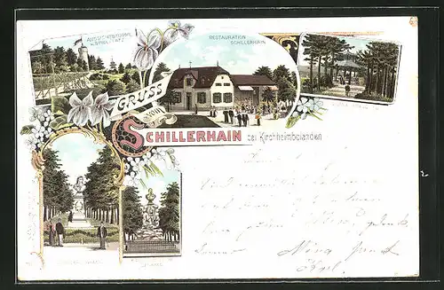 Lithographie Kirchheimbolanden, Restaurant Schillerhain, Kaiser Wilhelm-Denkmal