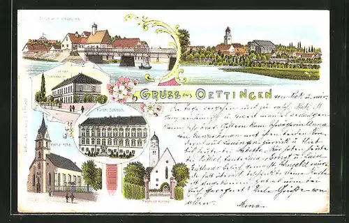 Lithographie Oettingen, Lehrer-Töchterheim, Kath. Kirche, Fürstl. Schloss