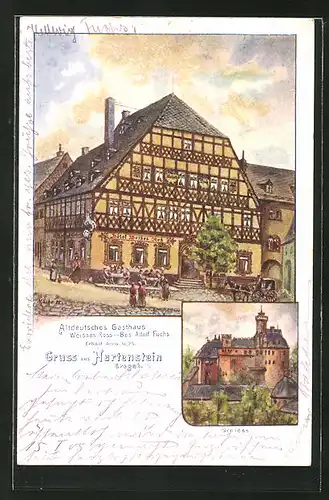 Künstler-AK Hartenstein / Erzgeb., Altdeutsches Gasthaus Weisses Ross von Adolf Fuchs, Schloss