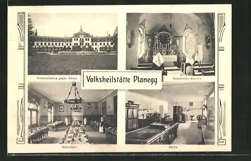 AK Planegg, Volksheilstätte, Ansicht gegen Süden, kath. Kapelle, Küche und Speisesaal