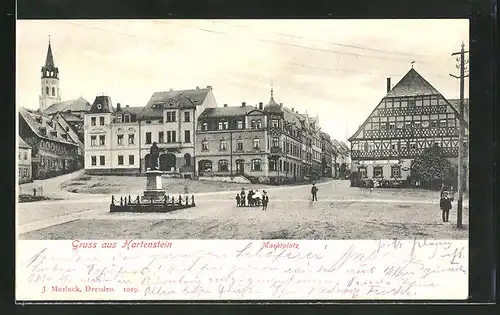 AK Hartenstein, Marktplatz mit Denkmal und Geschäften