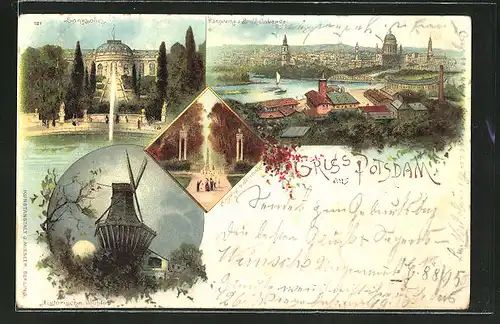 Lithographie Potsdam, Panorama vom Brauhausberge, Sanssouci, historische Mühle