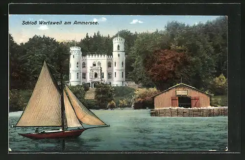 AK Wartaweil, Blick auf Schloss Wartaweil am Ammersee, Segelboot