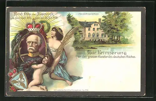 Lithographie Friedrichsruh, Portrait Fürst Otto von Bismarck, Putte & junge Dame, Wappen