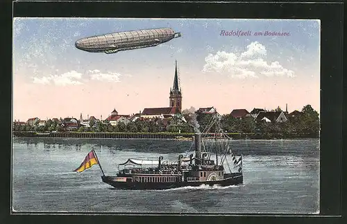 AK Radolfzell, Zeppelin Luftschiff & Dampfer Stadt Ueberlingen