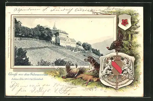 Präge-Passepartout-Lithographie Gernsbach / Schwarzw., Blick zum Schloss Eberstein mit Wappen am Waldrand