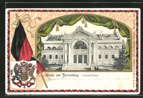Präge-Passepartout-Lithographie Ravensburg, Am Concert-Haus, Wappen mit Fahne