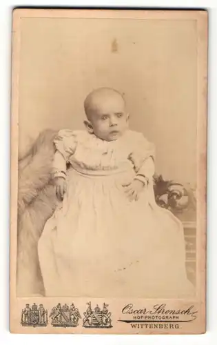 Fotografie Oscar Strensch, Wittenberg, Portrait Säugling in Kleidchen