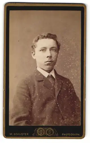 Fotografie W. Schuster, Johanngeorgenstadt, Portrait halbwüchsiger Knabe in Anzug