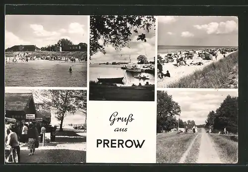 AK Prerow, Ortsansicht mit Strand, Waldweg, Dampfer & Ansichtskartenladen