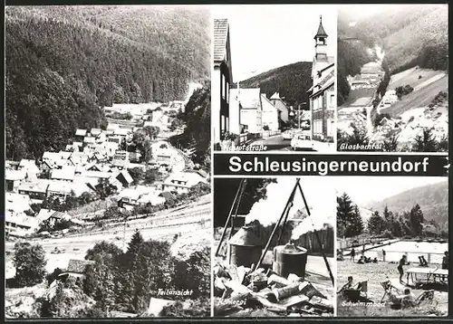 AK Schleusingerneundorf, Teilansicht, Hauptstrasse, Glasbachtal, Köhlerei, Schwimmbad