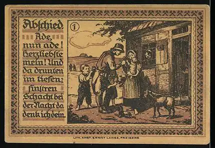 Notgeld Freiberg 1921, 75 Pfennig, Bergleute & Wappen, Familie verabschiedet Bergmann zu Arbeit