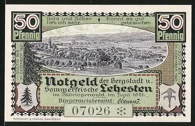 Notgeld Lehesten 1921, 50 Pfennig, Gesamtansicht, Wappen, Tanne, Grenzstein