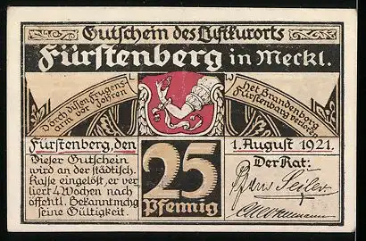 Notgeld Fürstenberg, 1921, 25 Pfennig, Wappen, Passagierschiff