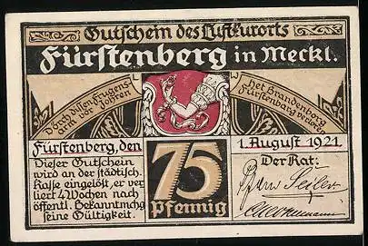 Notgeld Fürstenberg, 1921, 75 Pfennig, Wappen, Altdeutsche Stube im Goldenen Löwen
