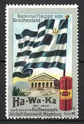 Reklamemarke Magdeburg, Ha-Wa-Ka Kaffeezusatz, J.G. Hauswaldt, Griechenland, Nationalflagge & Akropolis