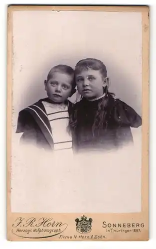 Fotografie J. R. Horn, Sonneberg, Portrait Bub und ältere Schwester