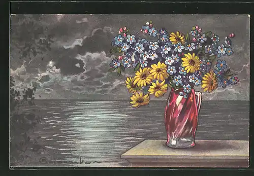 Künstler-AK E. Colombo: Stilleben mit Blumenvase