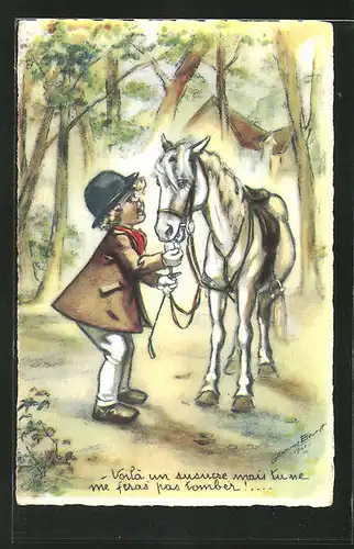 Künstler-AK sign. Bouret: Voilà un susucre..., kleine Reiterin mit Pferd