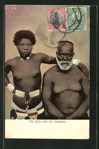 AK Old Zulu with his daughter, afrikanische nackte Frau mit ihrem Vater