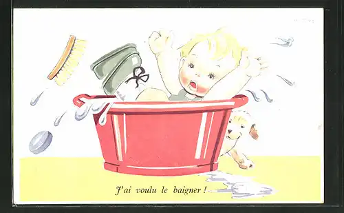 Künstler-AK sign. Jansen: Kleines Kind fällt in den Waschzuber