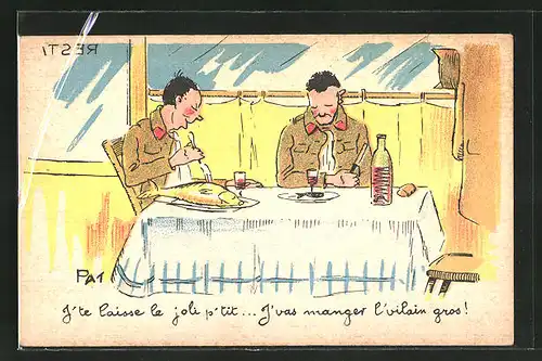 Künstler-AK sign. Pat: französische Soldaten beim Fisch-Essen