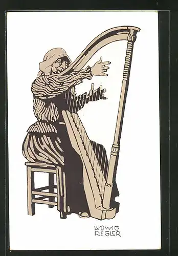 Künstler-AK sign. Ludwig Riegler: München, Postkartenkonkurrenz der Ausstellung 1910, Frau an der Harfe