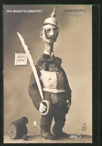 AK Nos Augustes Gugusses, Boum-Boum II., Karikatur von Kaiser Wilhelm II. mit langem Hals und Schwert