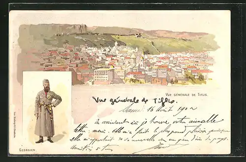 Lithographie Tiflis, Georgischer Soldat in Uniform, Totalansicht der Stadt