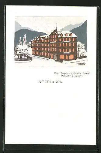 Künstler-AK Interlaken, Hotel Terminus & Pension Bristol