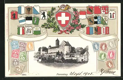 Präge-AK Porrentruy, Teilansicht mit Schloss, Wappen der Schweizer Kantone