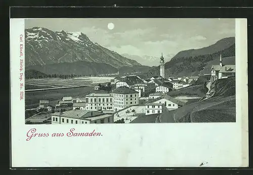 Mondschein-Lithographie Samaden, Panoramablick auf die Ortschaft