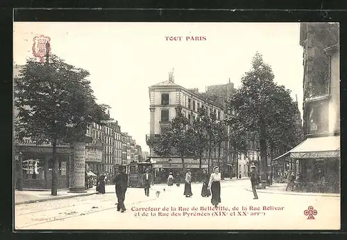 AK Paris, Carrefour de la Rue Belleville, de la Rue Bolivar et de la Rue des Pyrenees
